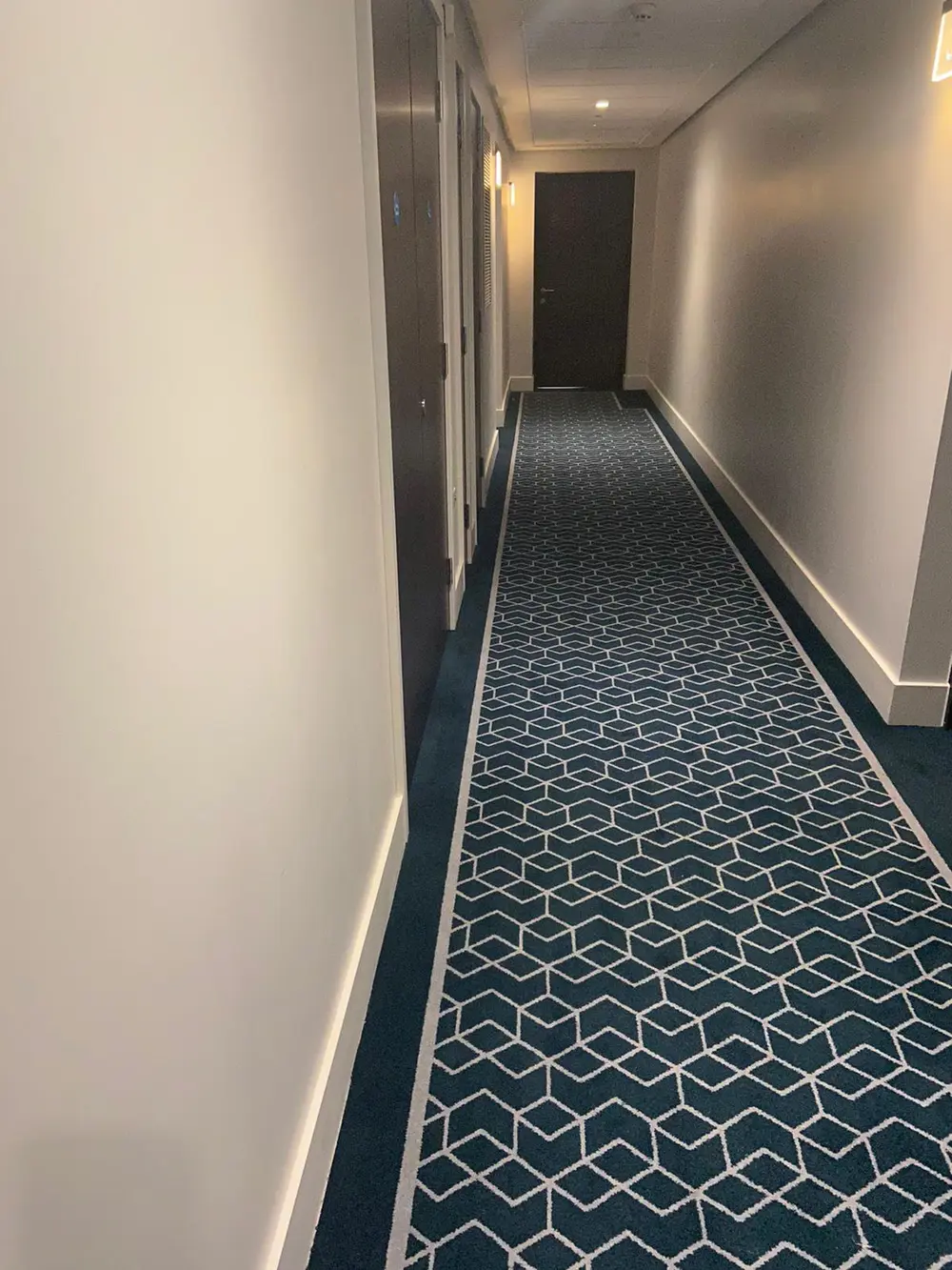 Clean, well-lit communal corridor in a London residential block